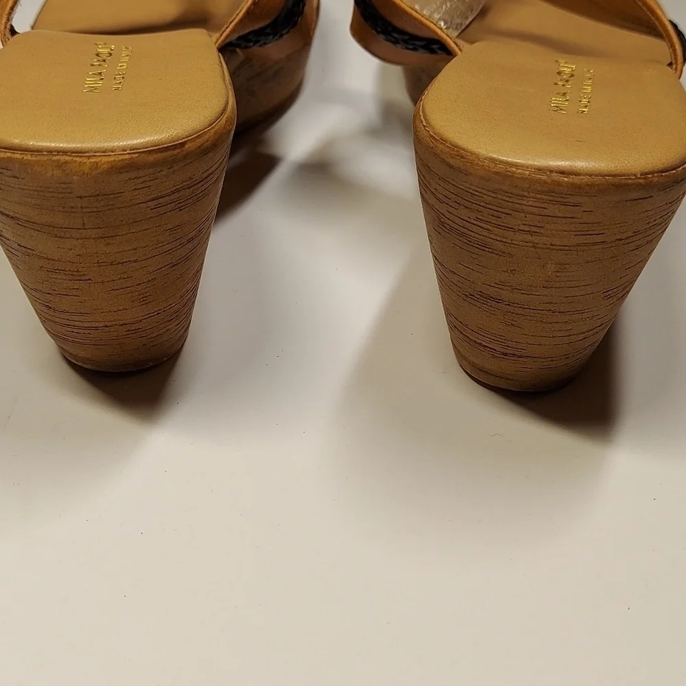 Mila Paoli Leather Wedge Sandals Tan and Black Size 9